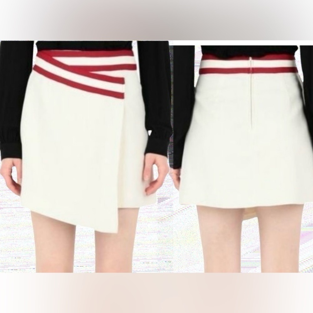 C/MEO COLLECTIVE women’s Lcream and red asymmetrical tennis style mini skirt